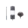 Extendable microfiber duster with two heads, one gray and one white, for cleaning high ceilings and fans.