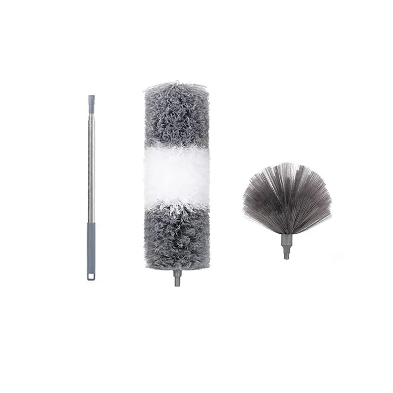 Extendable microfiber duster with two heads, one gray and one white, for cleaning high ceilings and fans.