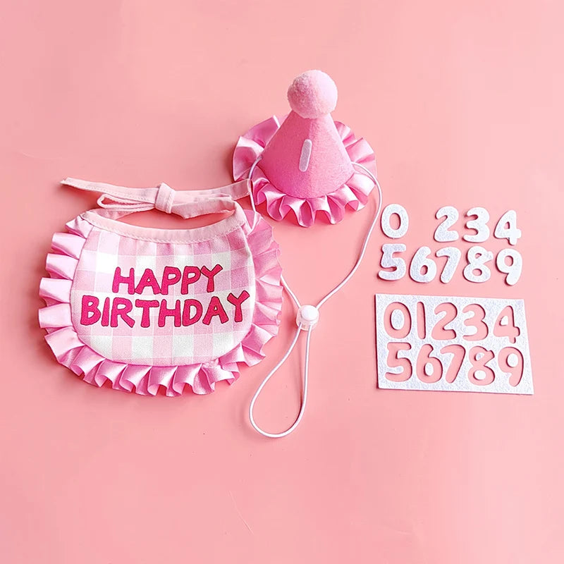 Pink birthday party hat and bib set for pets featuring pink fabric with plaid accents