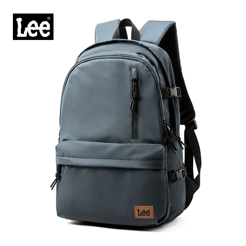 A gray Lee ultralight water-resistant laptop backpack shown from the back.