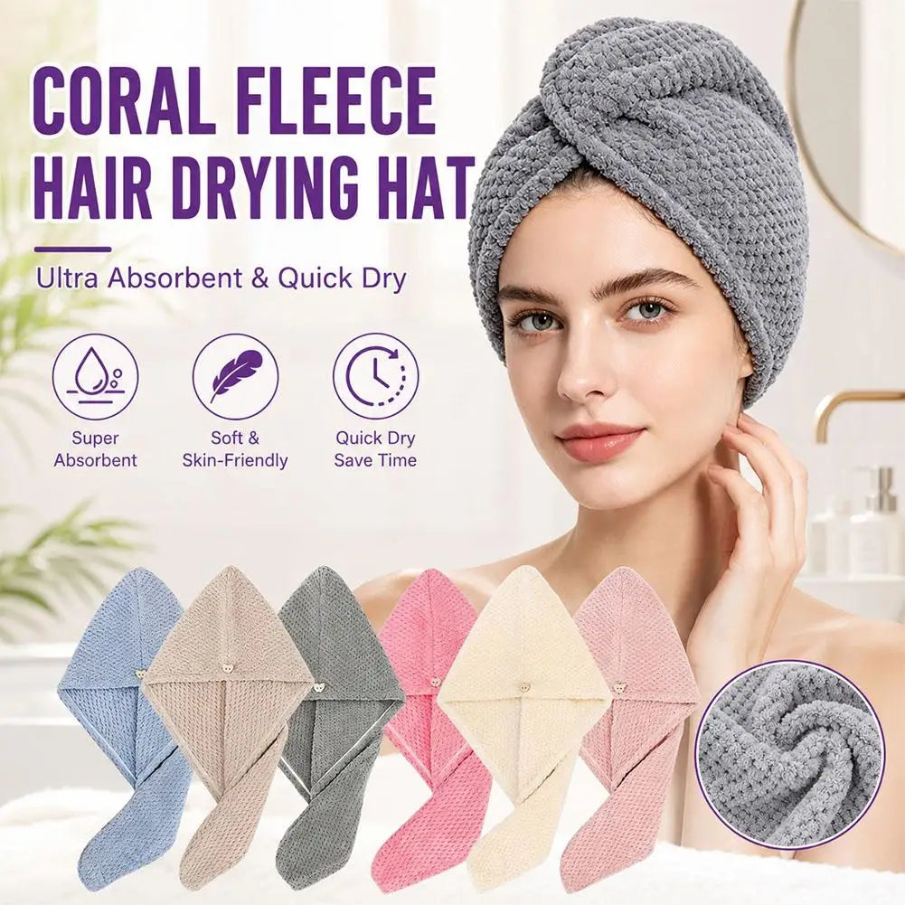 A variety of coral fleece hair drying hats in pastel colors are displayed next to a woman wearing one.