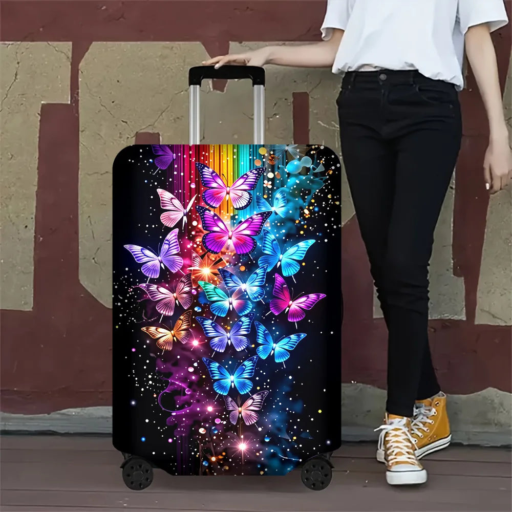 A black suitcase with an iridescent butterfly print featuring vibrant colors like purple, blue, and pink.