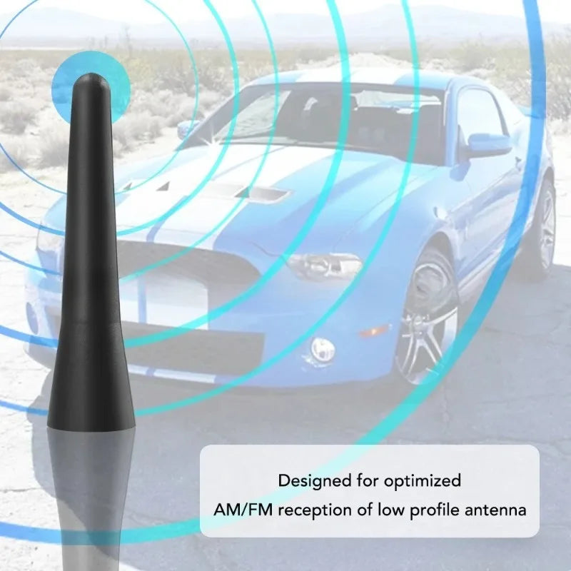 A black, tapered car radio antenna is shown next to a blue sports car, illustrating its use for optimized AM/FM reception.