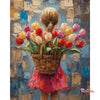 A woman with her back to the viewer holds a basket of colorful tulips for a diamond painting kit.