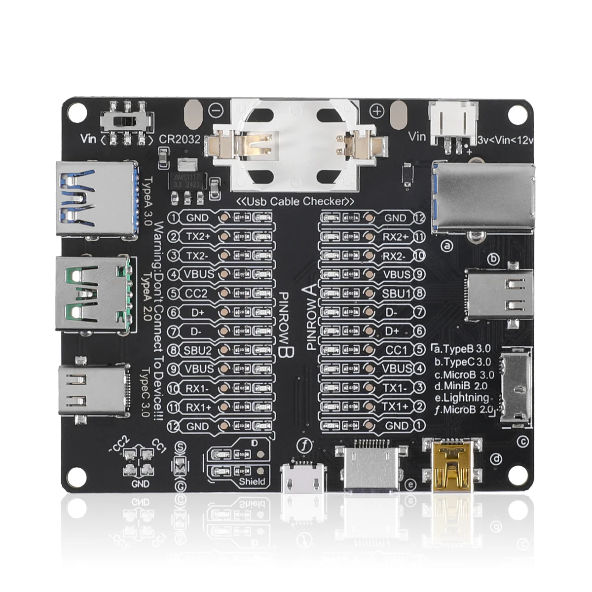 A compact USB cable tester and fault detector board with various connectors for different cable types.