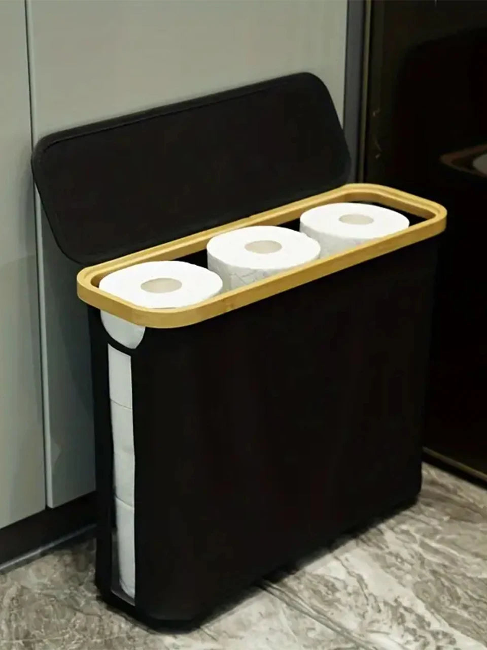 Bamboo and Oxford Cloth Toiletry Storage Basket with Lid