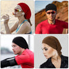 Four images showing a red knit cap and a brown knit cap worn by models, demonstrating hair protection products.
