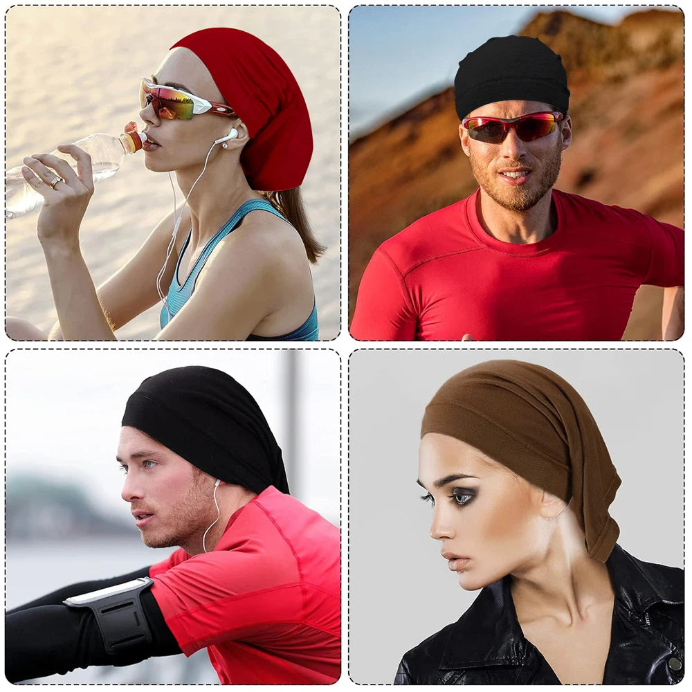 Four images showing a red knit cap and a brown knit cap worn by models, demonstrating hair protection products.
