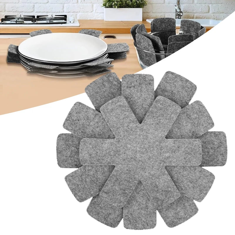 A circular arrangement of grey felt pot protectors and cookware dividers.
