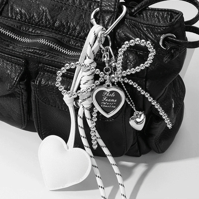 Cute Bow Bag Charm Keychain with Heart Pendant