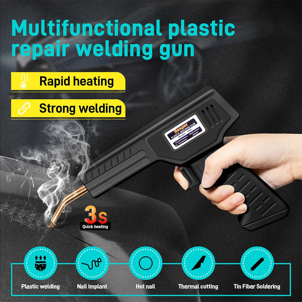 A hand holds a black multifunctional plastic repair welding gun demonstrating its use for various plastic and tin soldering t