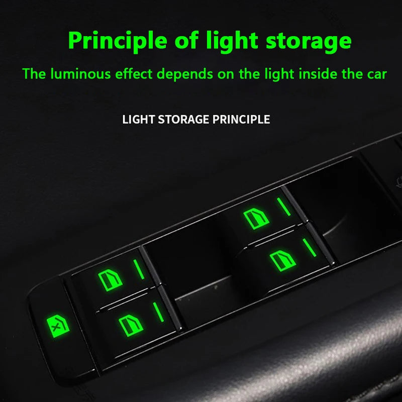 A close-up view of a set of green glow-in-the-dark button stickers on a black car window control panel.