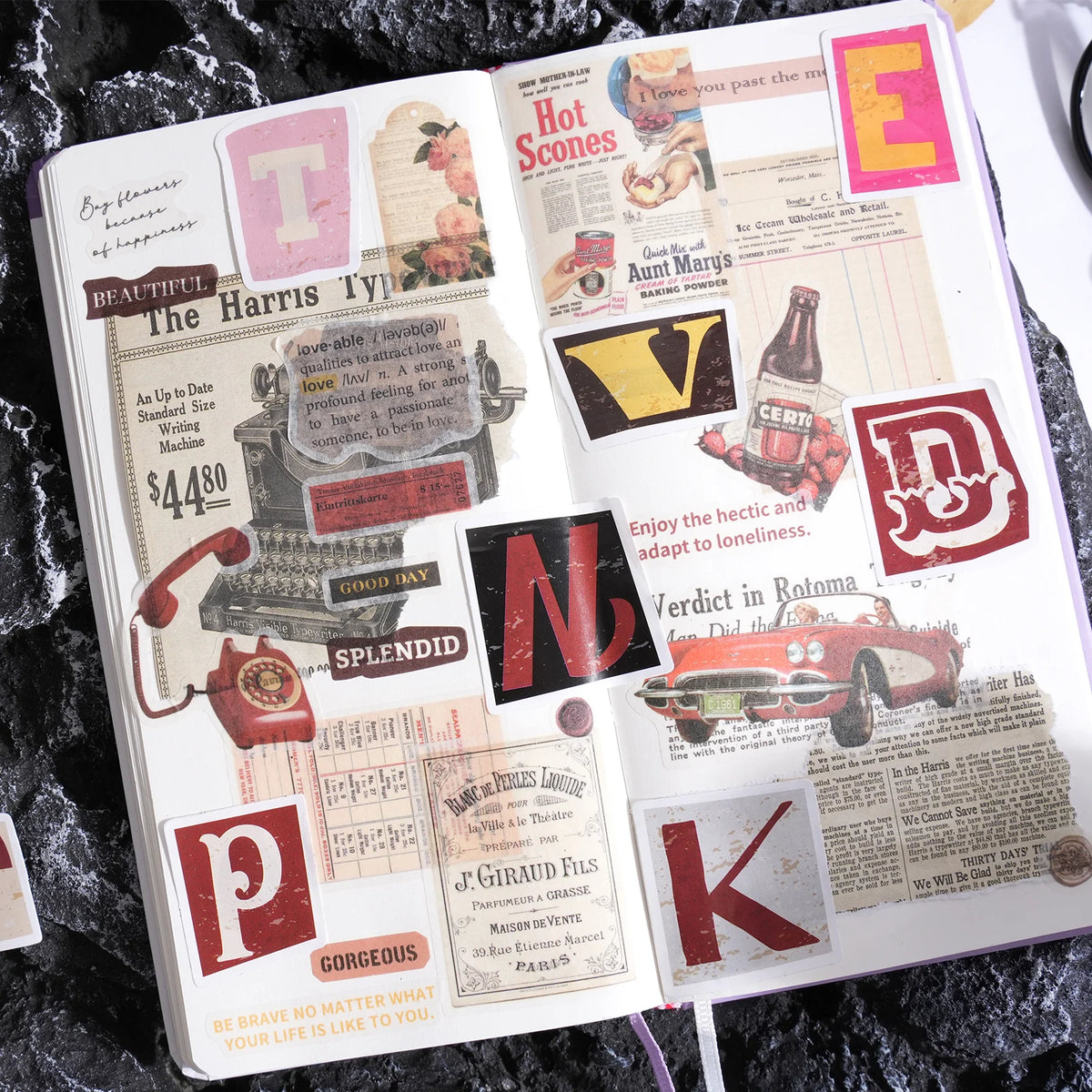 A collection of vintage alphabet stickers featuring letters T, E, D, N, P, and K on a white background.