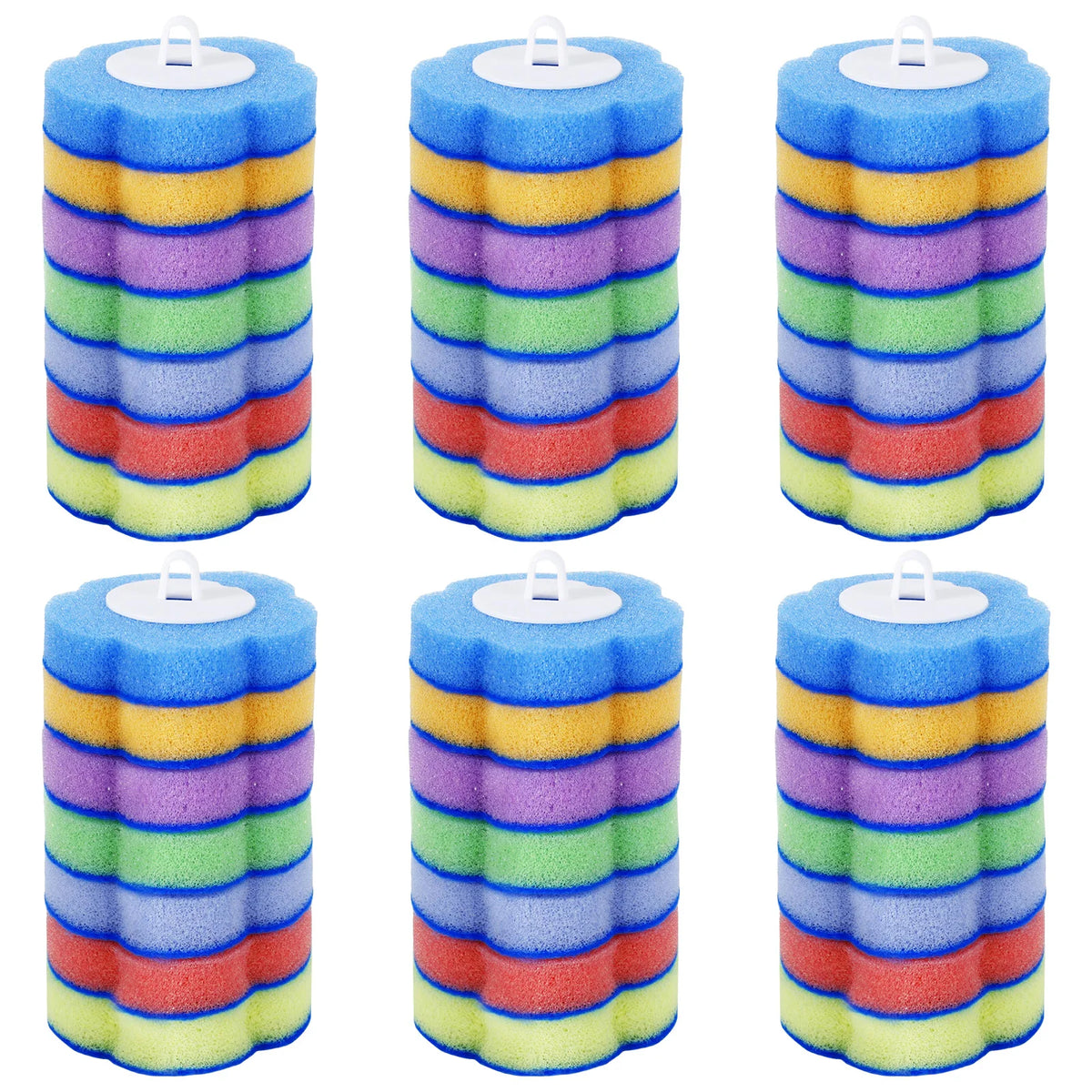 A set of colorful disposable toilet brushes with hands-free auto-open holders.