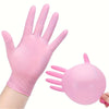 A pair of pink disposable nitrile gloves shown with a hand and a separate glove model.