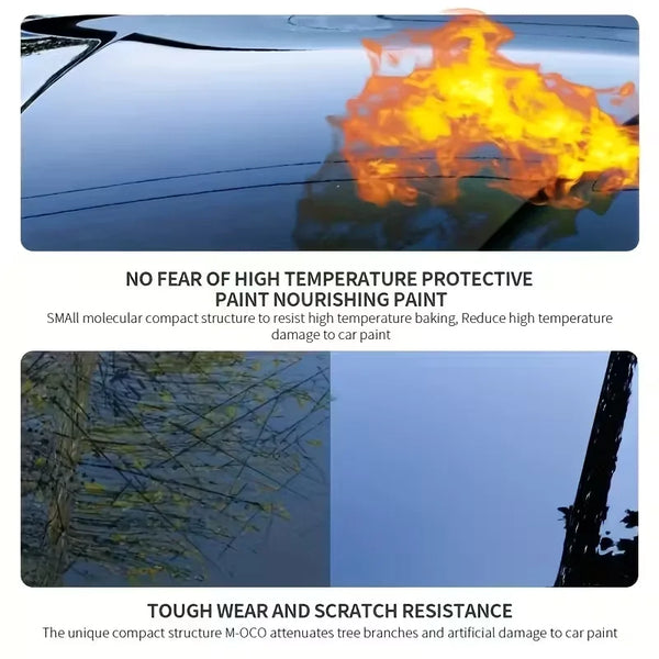 A product image showing a protective paint coating with text describing high temperature resistance and wear resistance.