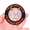 Black embroidery patch featuring a cartoon cat design with text that reads I'm not anti-social I'm socially selective
