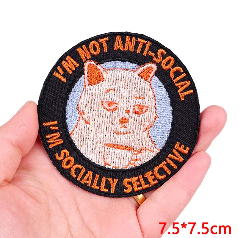 Black embroidery patch featuring a cartoon cat design with text that reads I'm not anti-social I'm socially selective