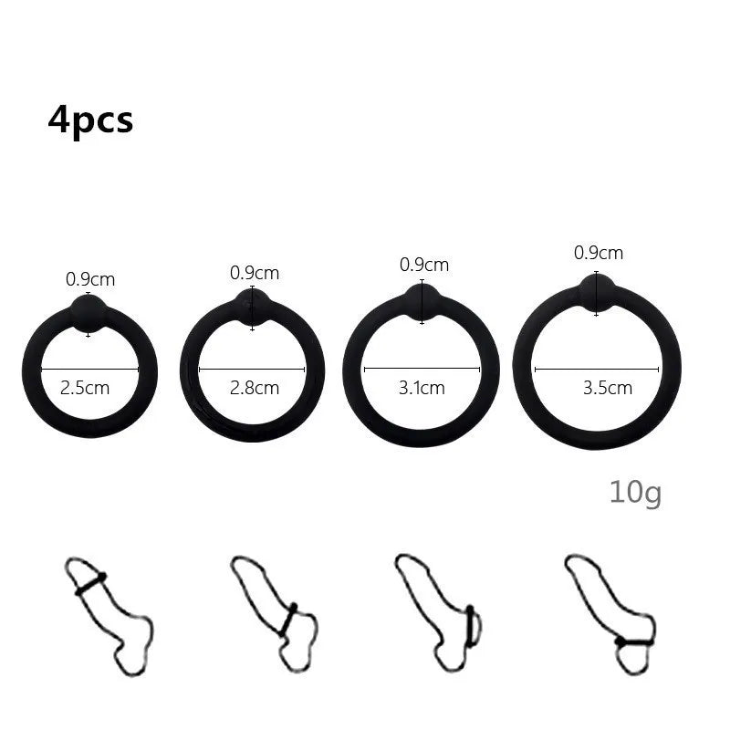 Four silicone cock rings of varying sizes are displayed, with four separate illustrations showing different diameters.