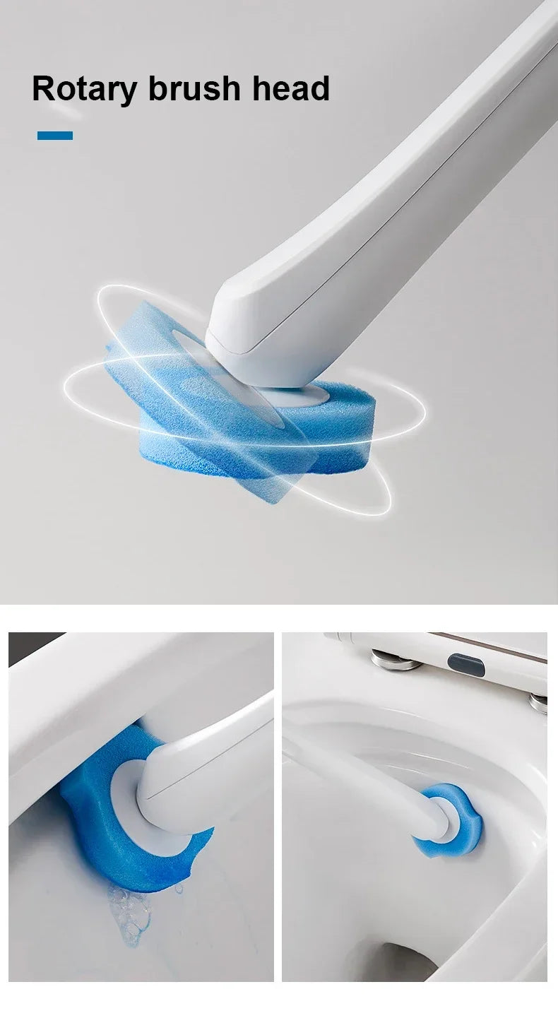 A white rotary brush head is shown being used to clean the inside of a toilet bowl.