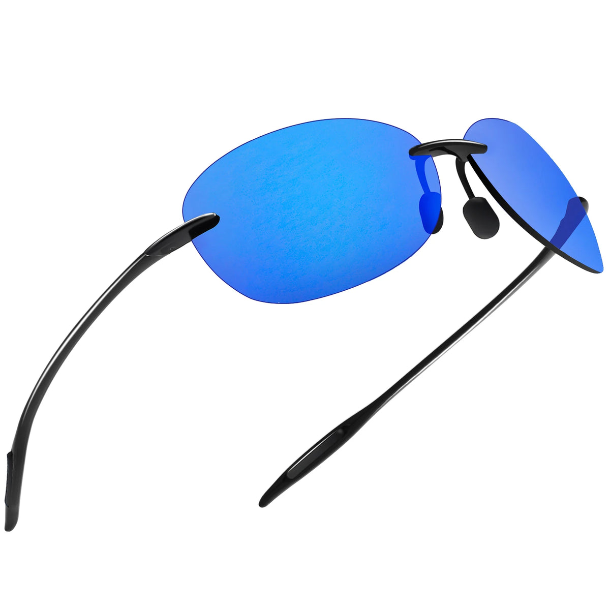 Blue rimless polarized sport sunglasses with black arms and a dark nose bridge