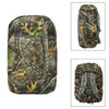 A camouflage patterned waterproof backpack rain cover shown in various views.