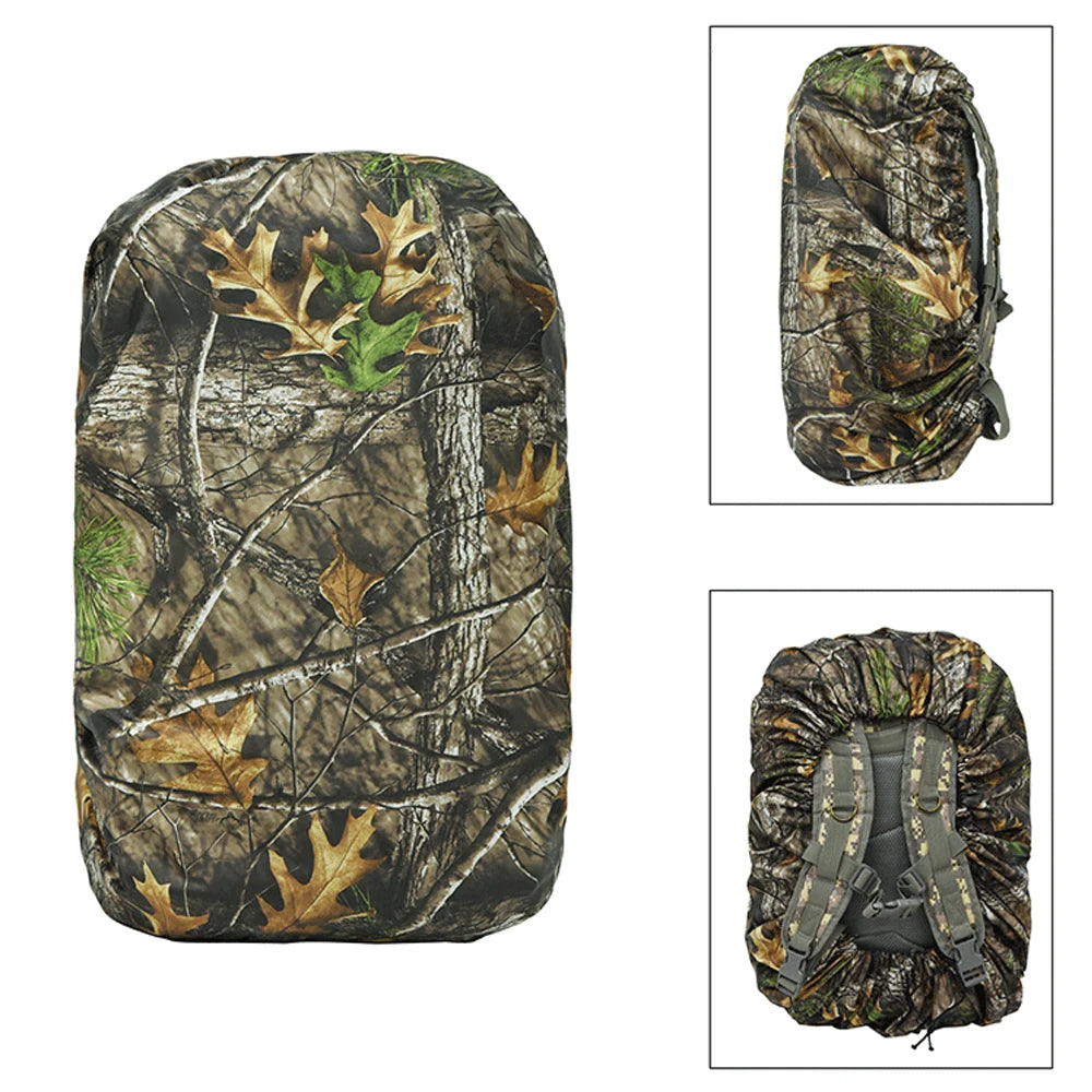 A camouflage patterned waterproof backpack rain cover shown in various views.