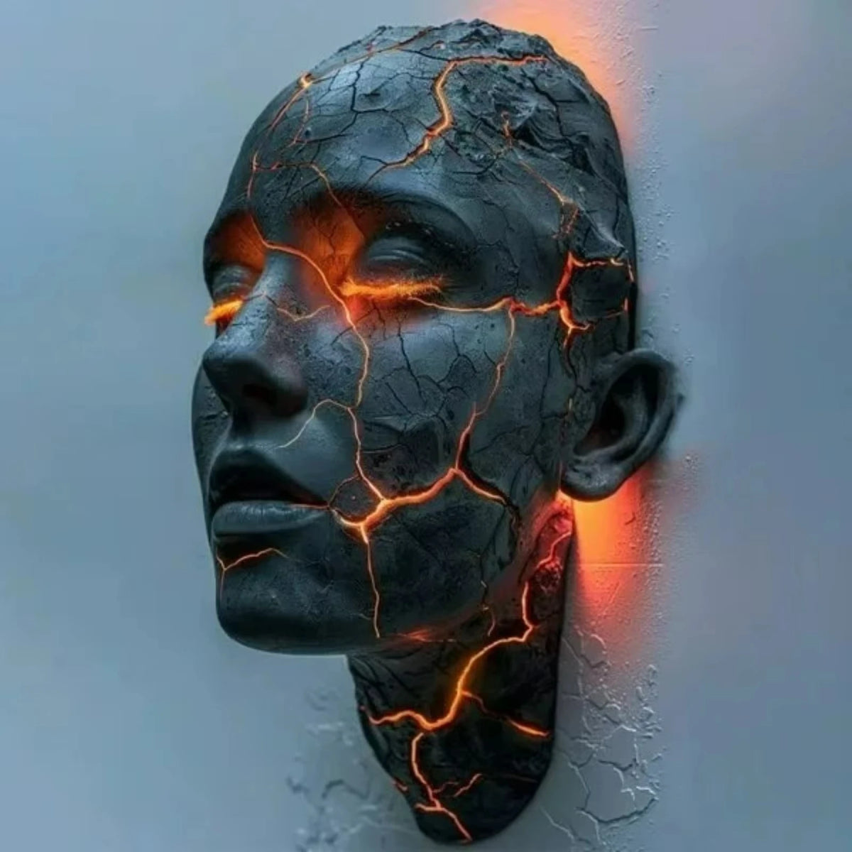 A dark, cracked face sculpture illuminated by glowing orange light mounted on a wall.