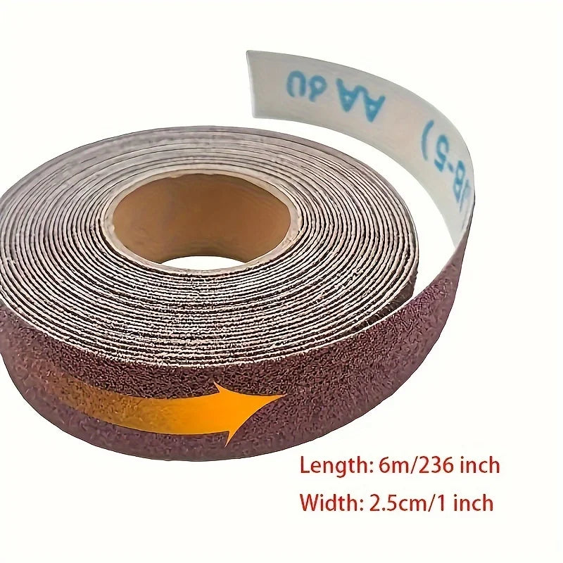 Roll of sandpaper with a dispenser, showing length 6m/236 inch and width 2.5cm/1 inch.