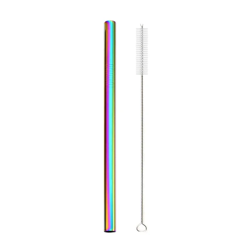 A reusable 304 stainless steel drinking straw with a cleaning brush, featuring a multicolored gradient design.