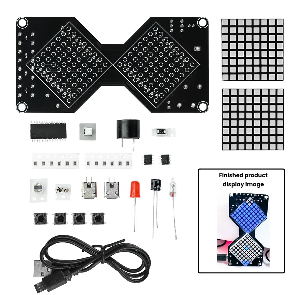 DIY soldering kit for an LED matrix digital hourglass featuring two grids of LEDs on a black circuit board