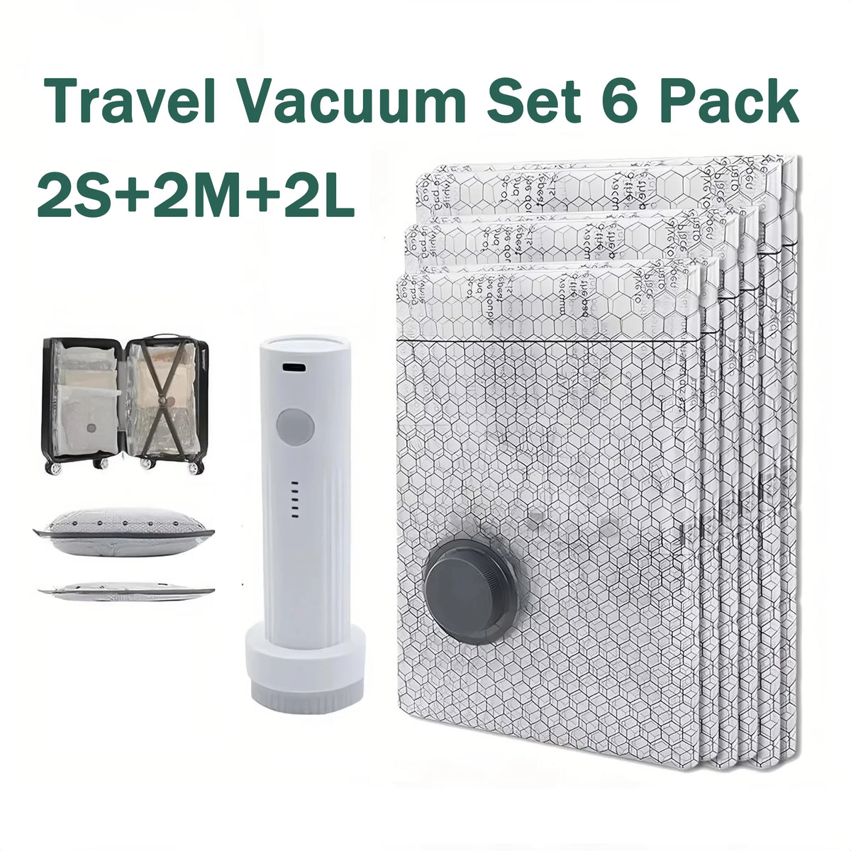 A set of six travel vacuum kits, including 2 suction, 2 motor, and 2 liquid attachments.