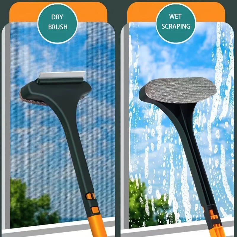 A dual-use window screen and glass cleaning brush shown for dry brushing and wet scraping.