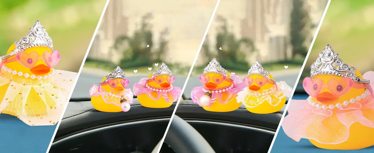 A collection of rubber duck car decorations featuring princess crowns, sunglasses, and pearl necklaces.