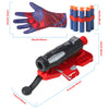 A red and blue spider web shooter glove with foam darts and a red launching mechanism.
