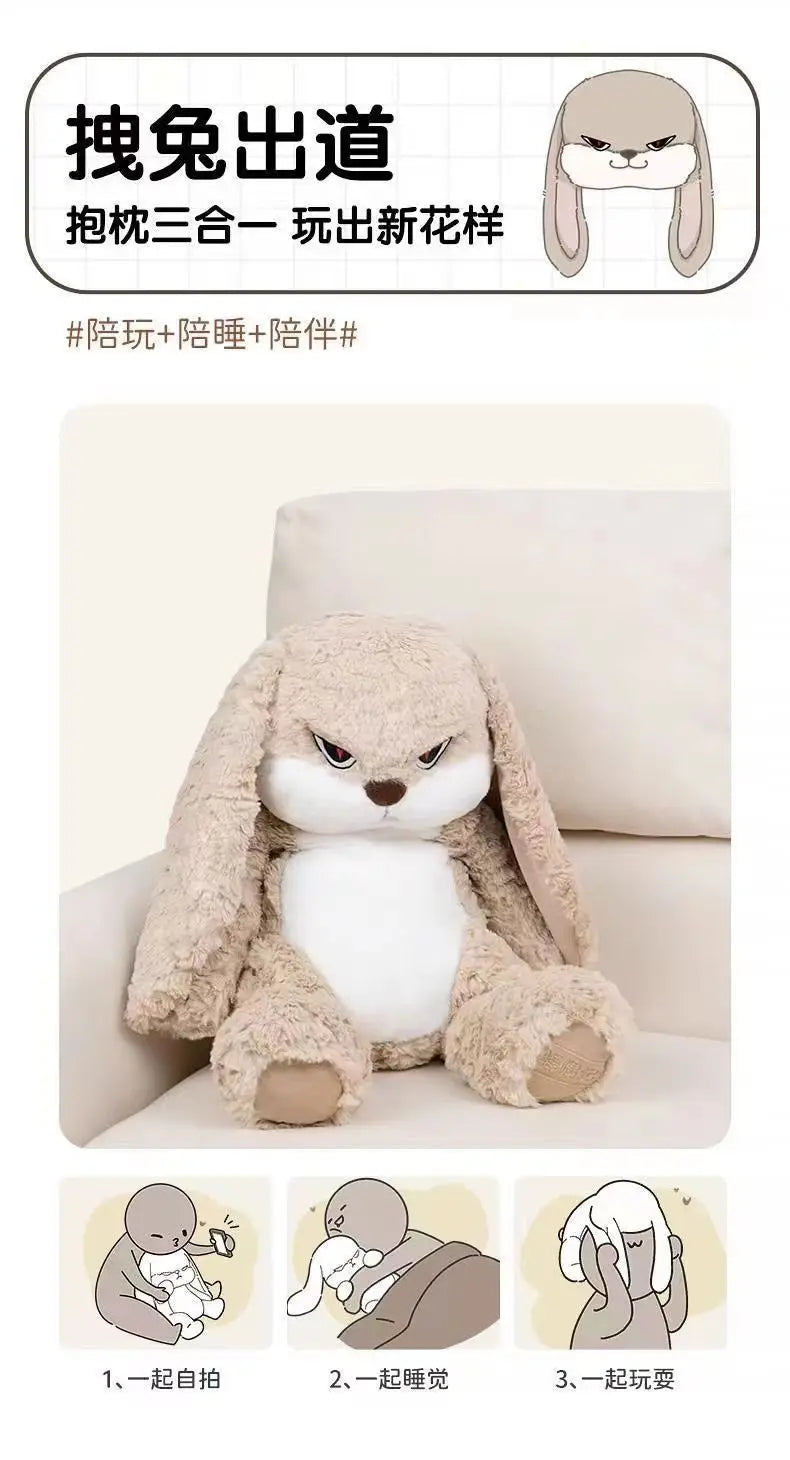 A plush toy of an angry rabbit with long ears is shown in various poses.
