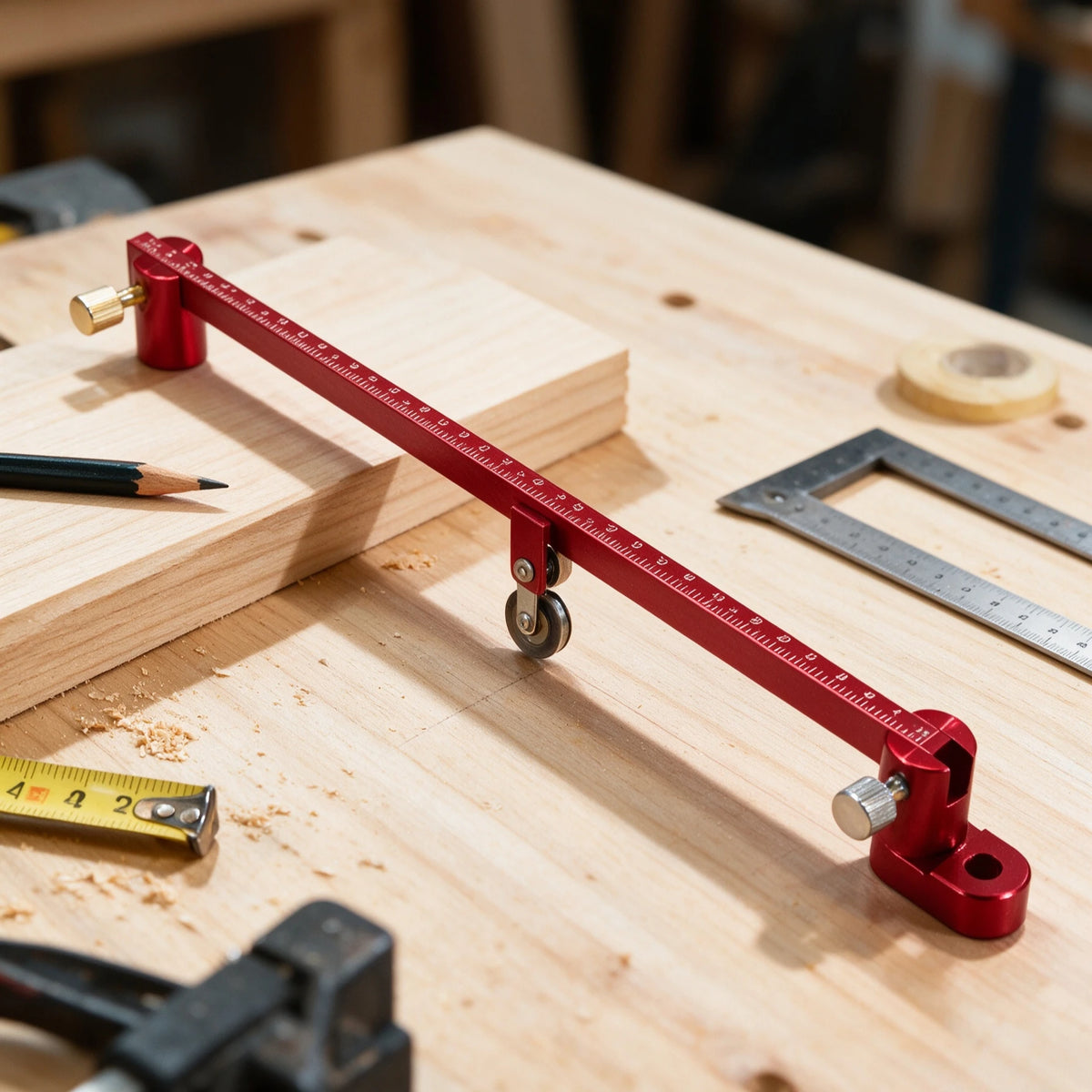 A red adjustable 300mm aluminum circle drawing ruler and center finder used for woodworking measurements.