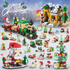 A set of Christmas advent calendar building blocks featuring a decorated house, vehicles, and festive greenery.