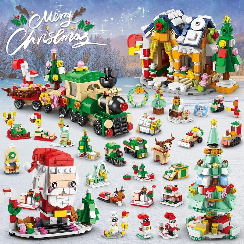 A set of Christmas advent calendar building blocks featuring a decorated house, vehicles, and festive greenery.
