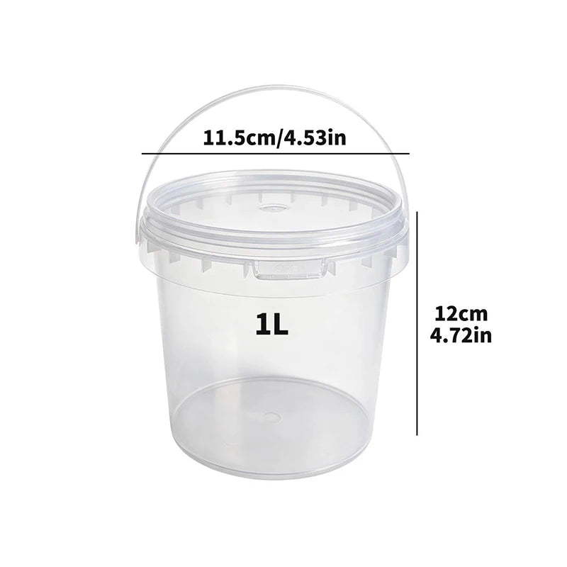 A clear plastic storage container with a lid and handle, measuring 1L or 4.22 quarts.