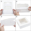 Four steps showing how to assemble white bakery boxes with clear windows for treats