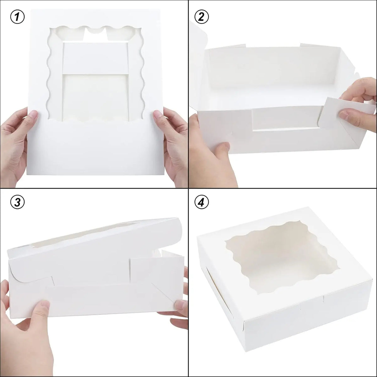 Four steps showing how to assemble white bakery boxes with clear windows for treats