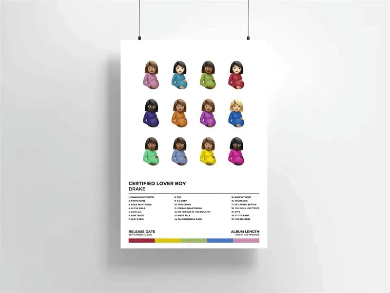 A canvas print featuring illustrations of various people in different colors for a certified lover boy Drake album art.