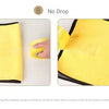 Yellow microfiber towel demonstrating no drop feature, showing its absorbency and quality.