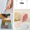 A collection of knitted fabric strips and a roll of pink yarn are shown alongside T-pins for crafting.