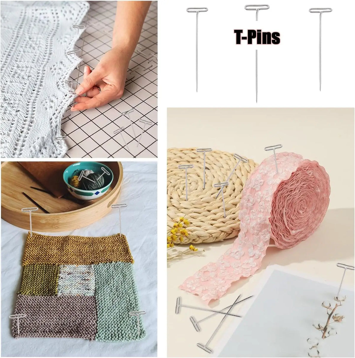 A collection of knitted fabric strips and a roll of pink yarn are shown alongside T-pins for crafting.