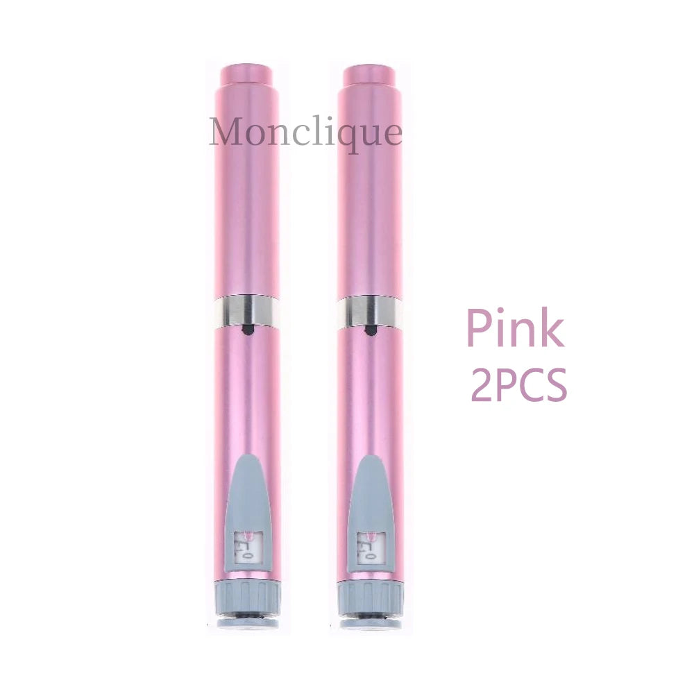 Two pink reusable metal injection pens with silver accents displayed vertically.