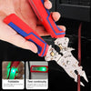 A hand holds a red multi-function wire stripper and crimping tool, demonstrating its foldable design and continuity test.