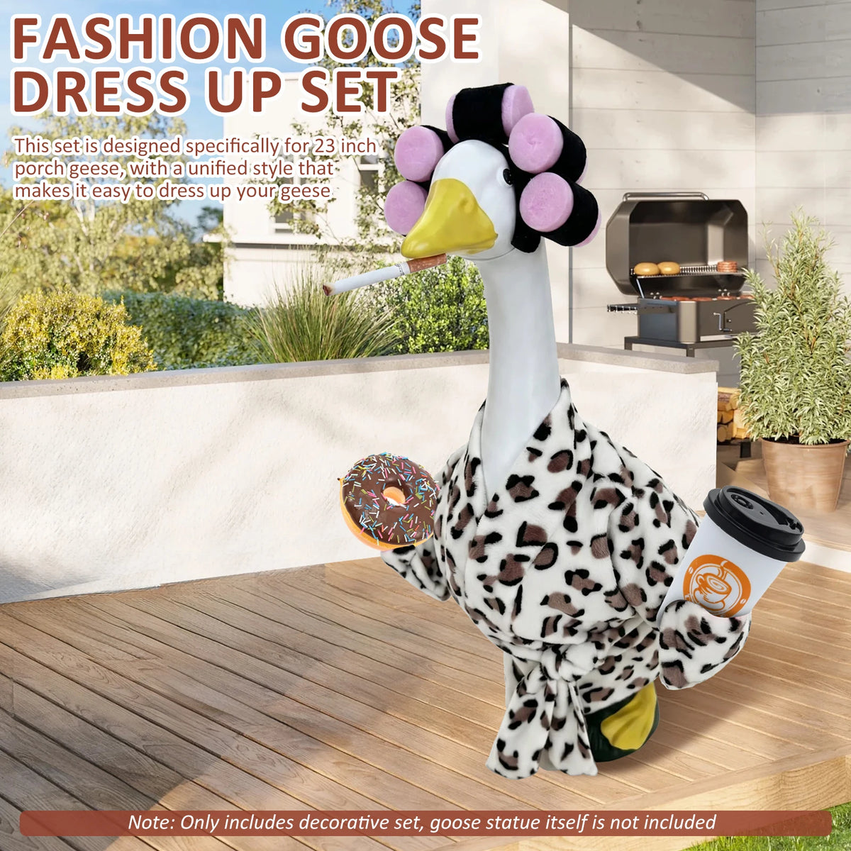 A white goose dress-up set featuring a head, body, and accessories displayed outdoors.