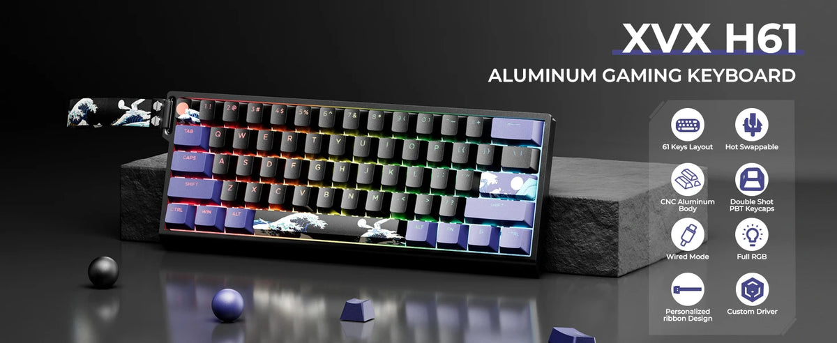 XVX H61 aluminum gaming keyboard featuring custom art keycaps and a wired mode setup.